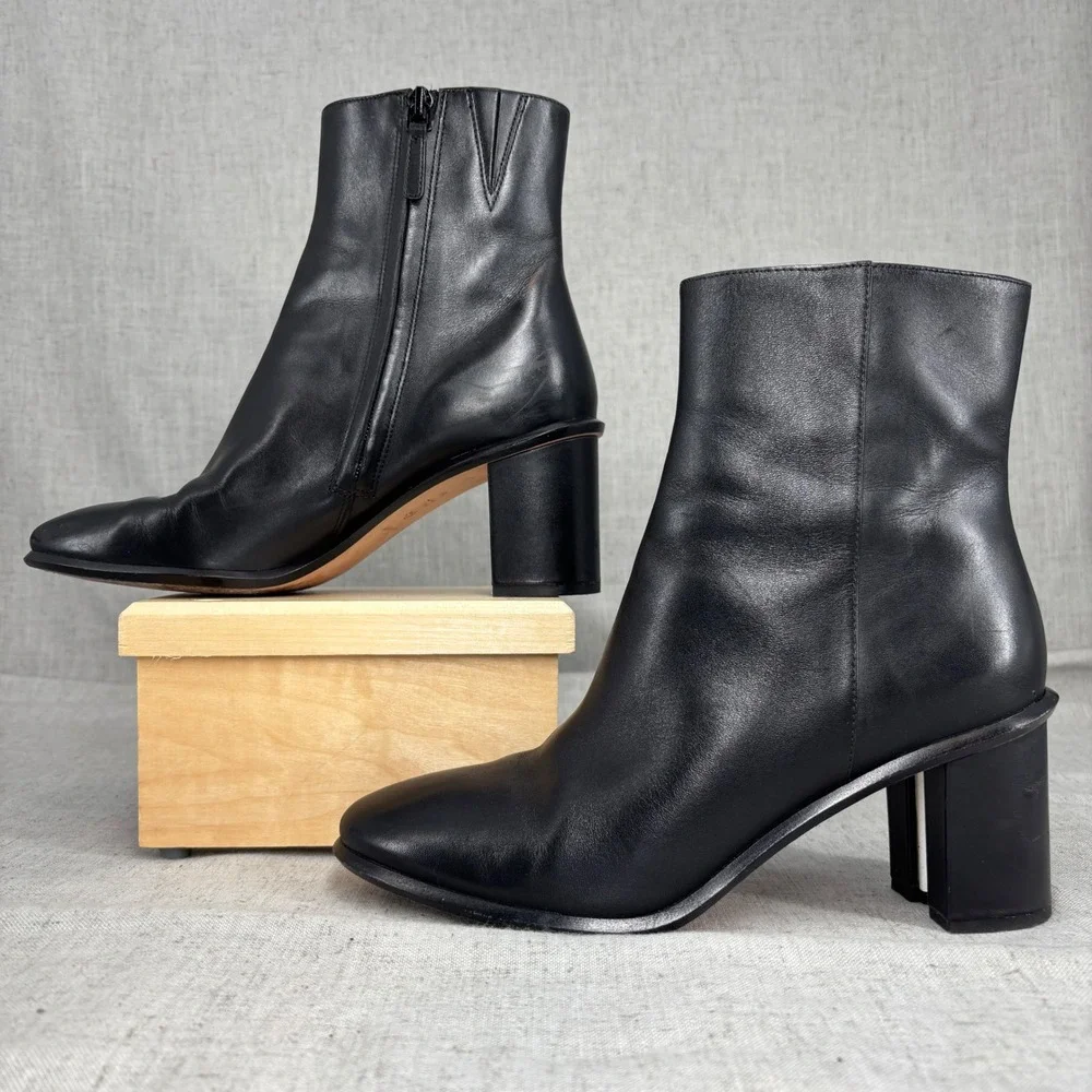 Tory Burch Brooke Stamped Heel Boots Black Leather Ankle Booties Women's‎ 8.5